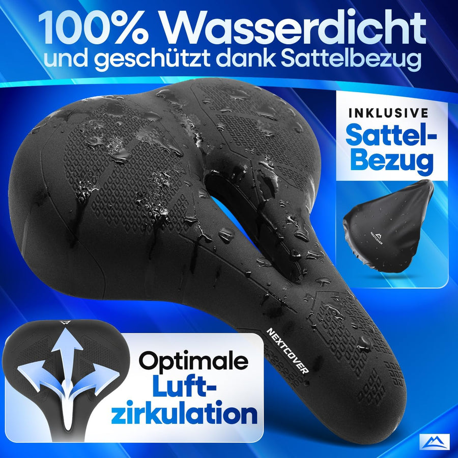 Nextcover ComfortOne Fahrradsattel mit wasserdichtem Sattelbezug und atmungsaktiver Luftzirkulation – idealer Schutz bei jedem Wetter für maximalen Komfort auf langen Strecken.
