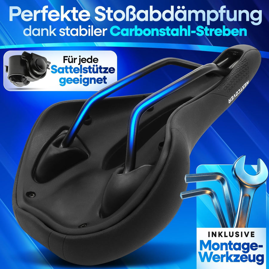Rückansicht des Nextcover ComfortOne Fahrradsattels mit patentierter Volume-Air Federung für optimale Stoßdämpfung, inklusive Montageset und universeller Kompatibilität mit allen Sattelstützen – ideal für E-Bikes und Cityräder.