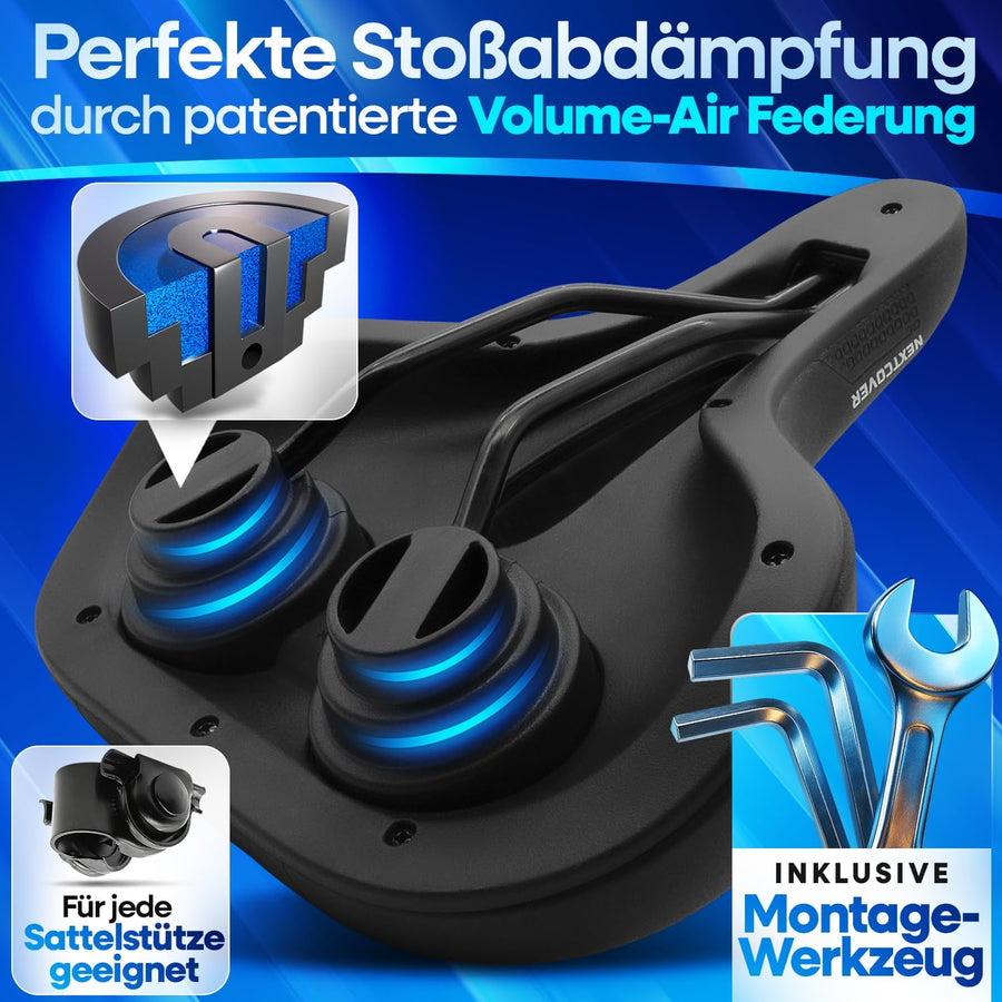 Rückansicht des Nextcover ComfortOne Fahrradsattels mit patentierter Volume-Air Federung für optimale Stoßdämpfung, inklusive Montageset und universeller Kompatibilität mit allen Sattelstützen – ideal für E-Bikes und Cityräder.