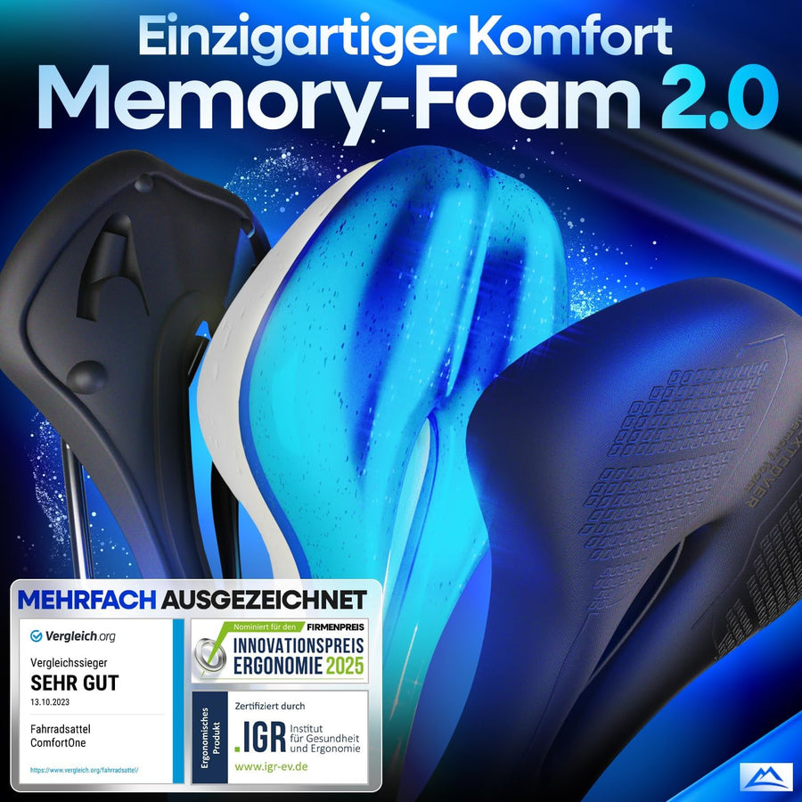 Detailansicht des Nextcover ComfortOne Fahrradsattels mit innovativem Memory-Foam 2.0 für ergonomischen Sitzkomfort, mehrfach ausgezeichnet für Gesundheit und Ergonomie – ideal für Citybikes, E-Bikes und lange Radtouren.