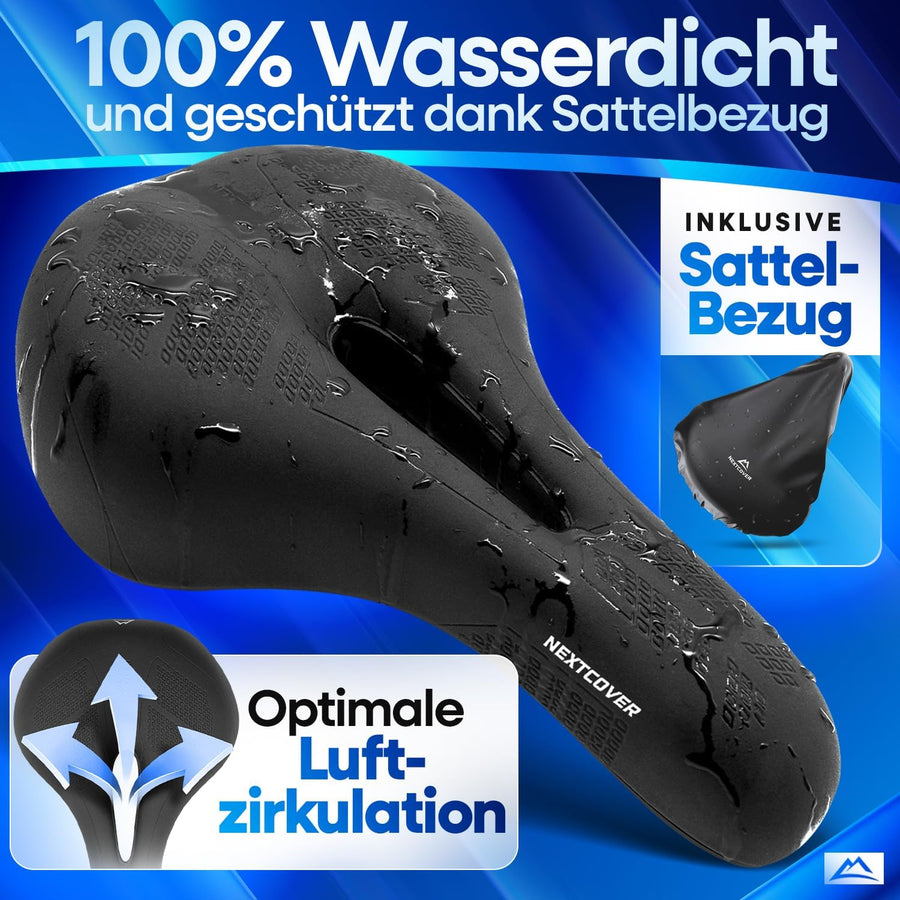 Nextcover ComfortOne Fahrradsattel mit wasserdichtem Sattelbezug und atmungsaktiver Luftzirkulation – idealer Schutz bei jedem Wetter für maximalen Komfort auf langen Strecken.