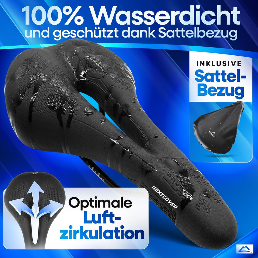 Nextcover ComfortOne Fahrradsattel mit wasserdichtem Sattelbezug und atmungsaktiver Luftzirkulation – idealer Schutz bei jedem Wetter für maximalen Komfort auf langen Strecken.