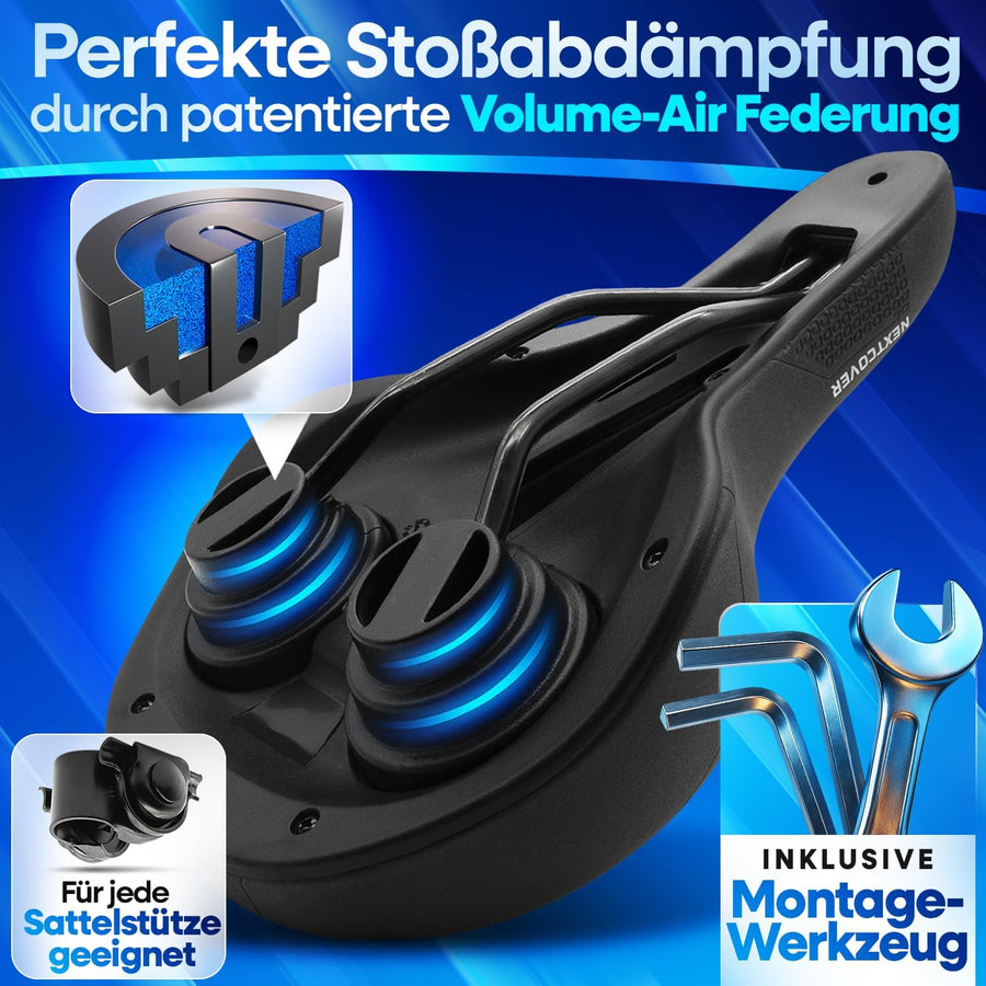 Rückansicht des Nextcover ComfortOne Fahrradsattels mit patentierter Volume-Air Federung für optimale Stoßdämpfung, inklusive Montageset und universeller Kompatibilität mit allen Sattelstützen – ideal für E-Bikes und Cityräder.