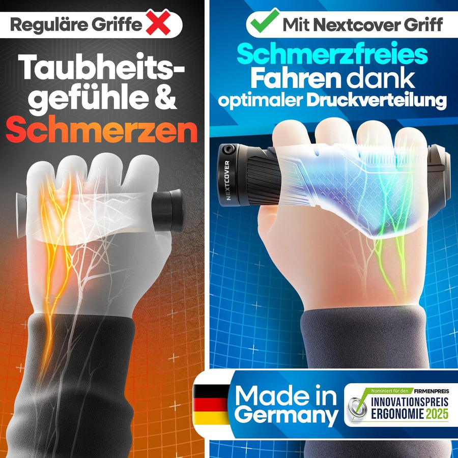 Vergleich von regulären Griffen und den ergonomischen Nextcover ComfortGrip Fahrradgriffen – für schmerzfreies Fahren ohne Taubheitsgefühle dank optimaler Druckverteilung, entwickelt in Deutschland und nominiert für den Ergonomiepreis 2025.