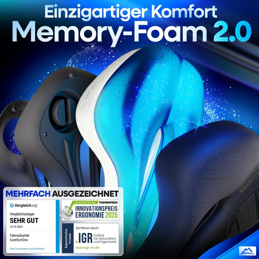 Detailansicht des Nextcover ComfortOne Fahrradsattels mit innovativem Memory-Foam 2.0 für ergonomischen Sitzkomfort, mehrfach ausgezeichnet für Gesundheit und Ergonomie – ideal für Citybikes, E-Bikes und lange Radtouren.