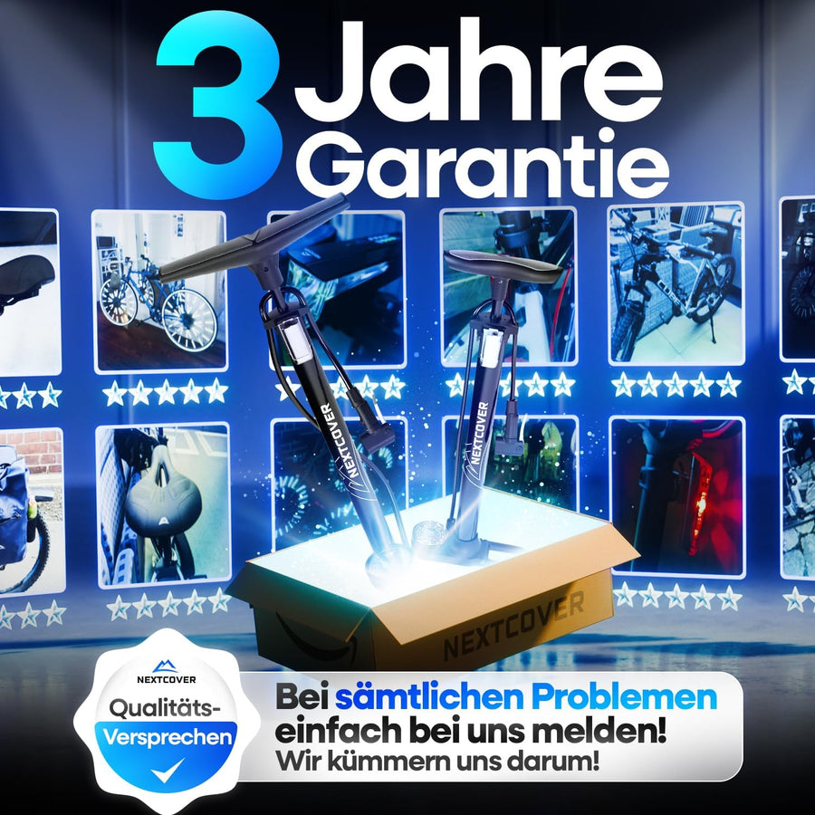 Nextcover AirOne Fahrradpumpe mit 3 Jahren Garantie – langlebige Luftpumpe mit Qualitätsversprechen, ideal für alle Fahrradtypen und Ventile. Kundenservice bei Problemen inklusive.