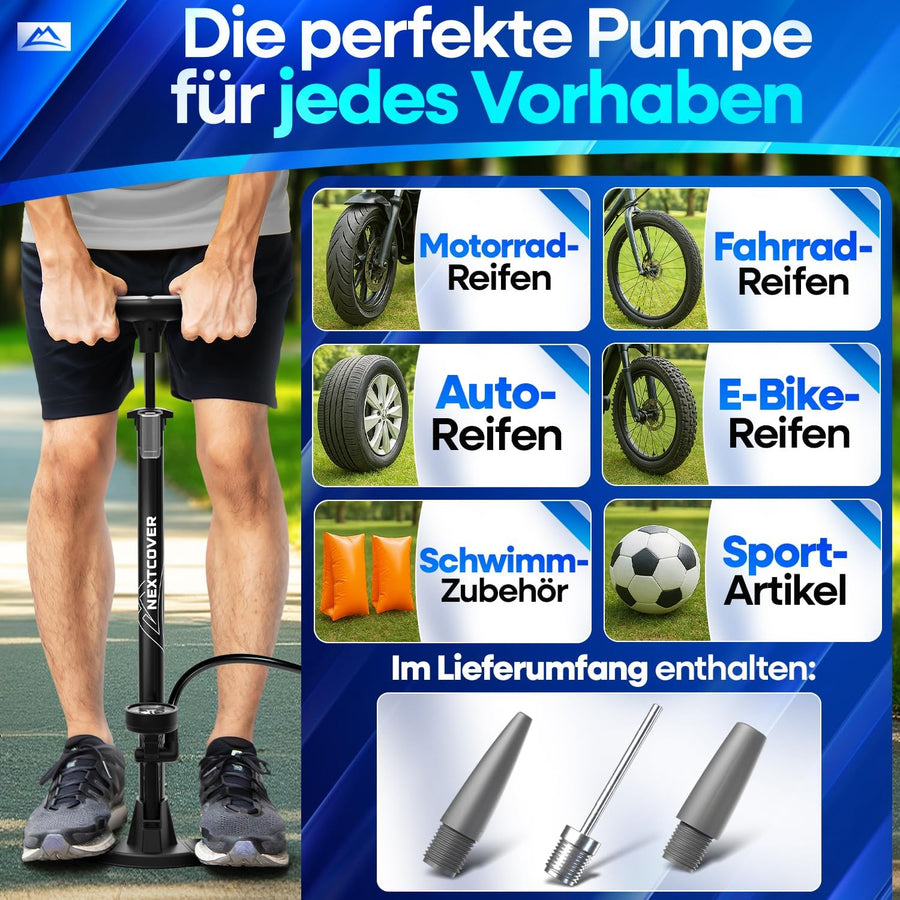 AirPro Fahrradpumpe mit umfangreichem Zubehör – ideal für Fahrradreifen, E-Bikes, Motorräder, Autoreifen, Sportartikel und Schwimmzubehör dank vielseitiger Aufsätze.