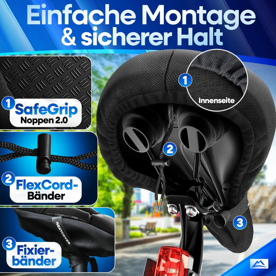 Nextcover CoverPro Sattelbezug mit rutschfesten SafeGrip-Noppen, FlexCord-Bändern und Fixierbändern für einfache Montage und sicheren Halt bei jedem Wetter.