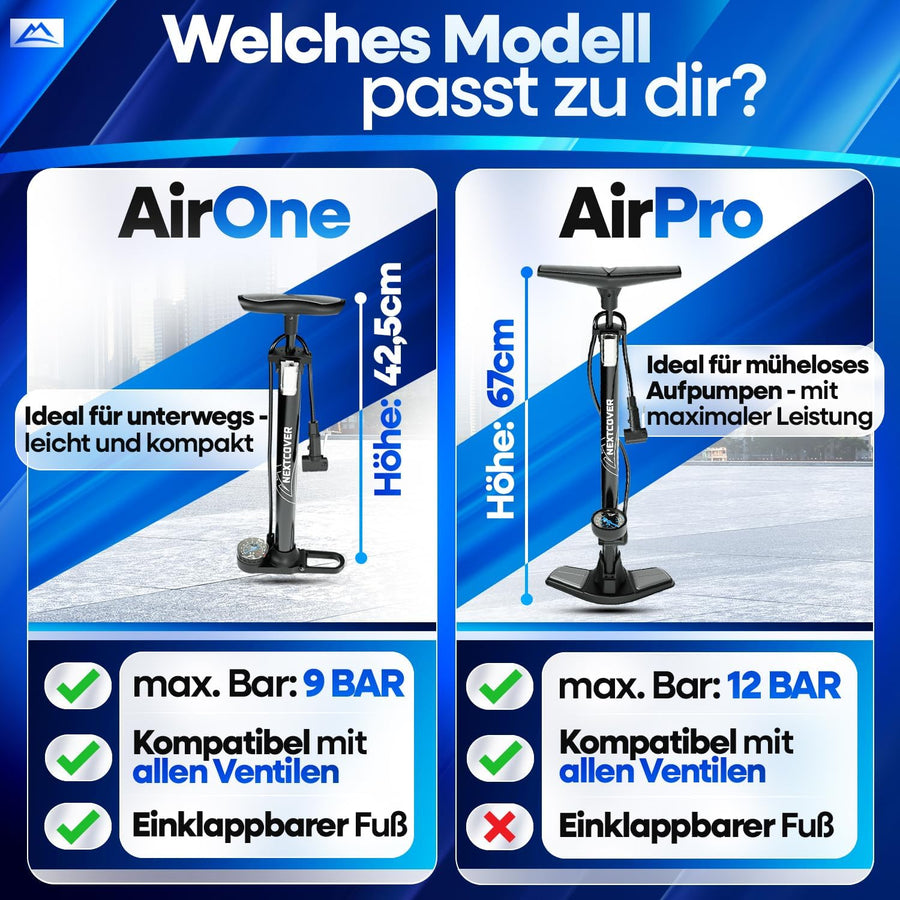 Vergleich der Nextcover Fahrradpumpen AirOne und AirPro: kompakte AirOne mit 9 Bar und einklappbarem Fuß – ideal für unterwegs; leistungsstarke AirPro mit 12 Bar – perfekt für schnelles Aufpumpen zu Hause. Beide Modelle kompatibel mit allen Ventilen.
