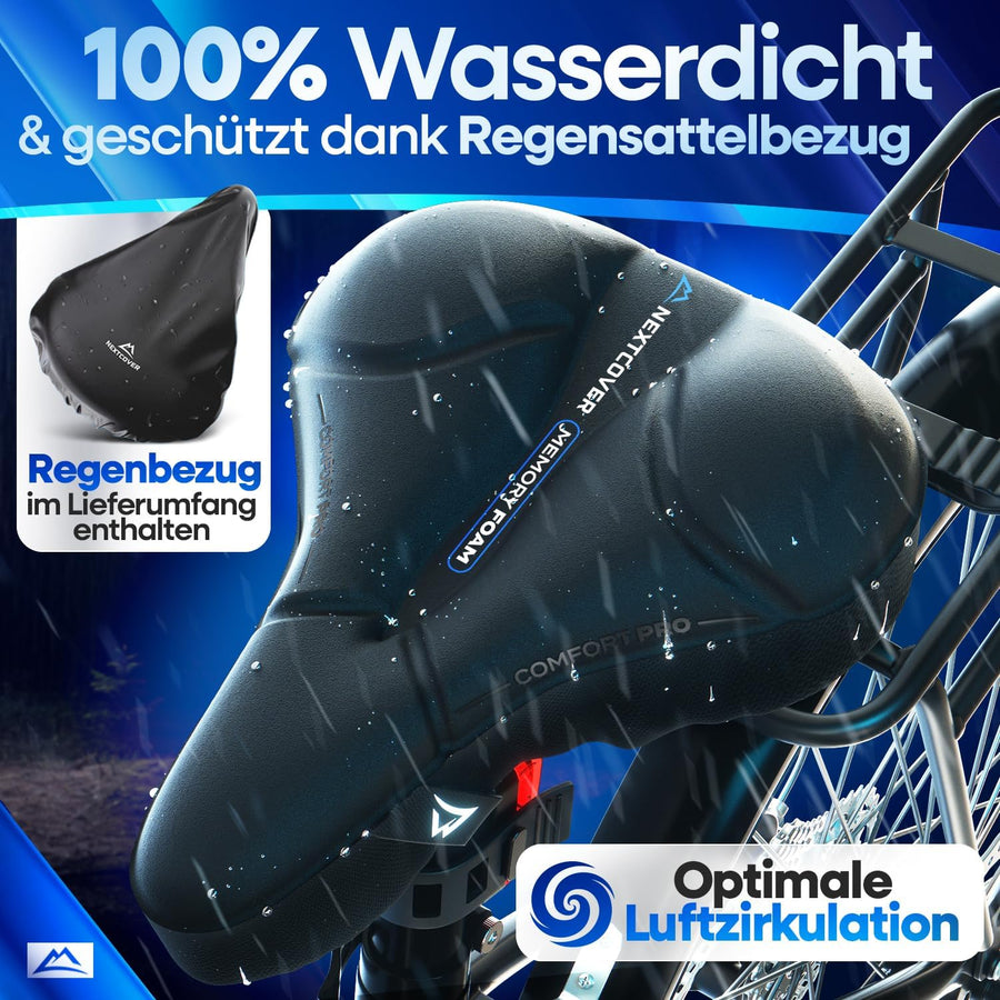 Wasserdichter Nextcover CoverPro Sattelbezug mit Regenschutz – optimaler Wetterschutz und Luftzirkulation für maximalen Komfort beim Radfahren.