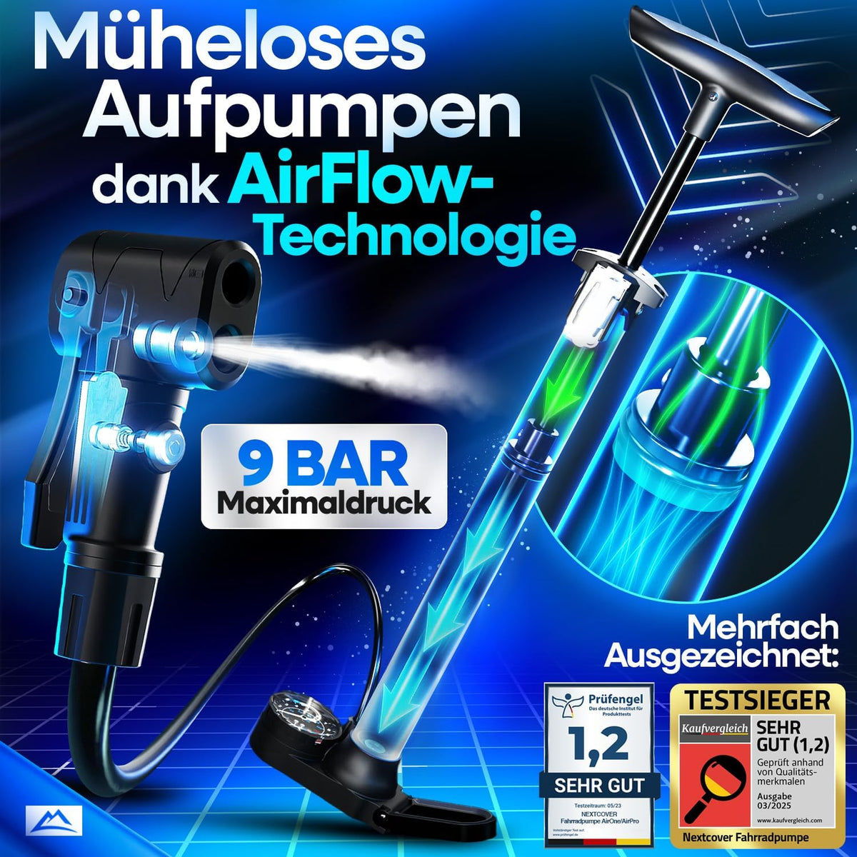 Nextcover AirOne Fahrradpumpe mit innovativer AirFlow-Technologie – müheloses Aufpumpen bis 9 bar, präzises Manometer, Testsieger mit Note 1,2, ideal für alle Fahrradventile und höchste Ansprüche.