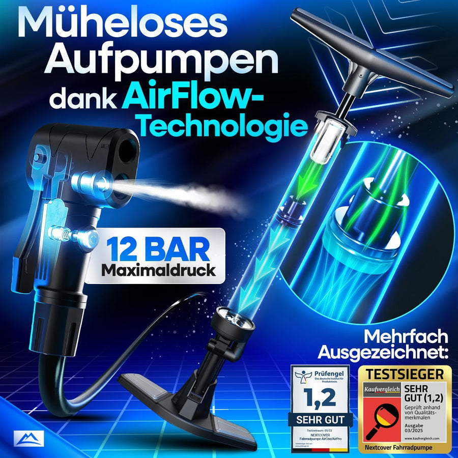 AirPro Fahrradpumpe von Nextcover mit innovativer AirFlow-Technologie, 12 Bar Maximaldruck, präzisem Manometer und mehrfach ausgezeichneter Qualität – ideal für müheloses Aufpumpen aller Reifenarten.