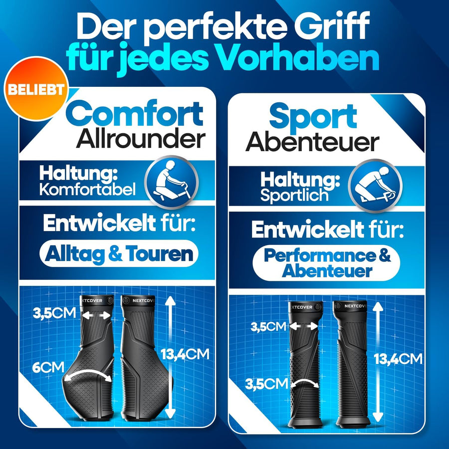 Nextcover ComfortGrip Fahrradgriffe in zwei Varianten: „Comfort Allrounder“ für Alltag & Touren mit ergonomischer Handauflage und „Sport Abenteuer“ für Performance & Abenteuer – beide mit optimaler Passform und 13,4 cm Länge.