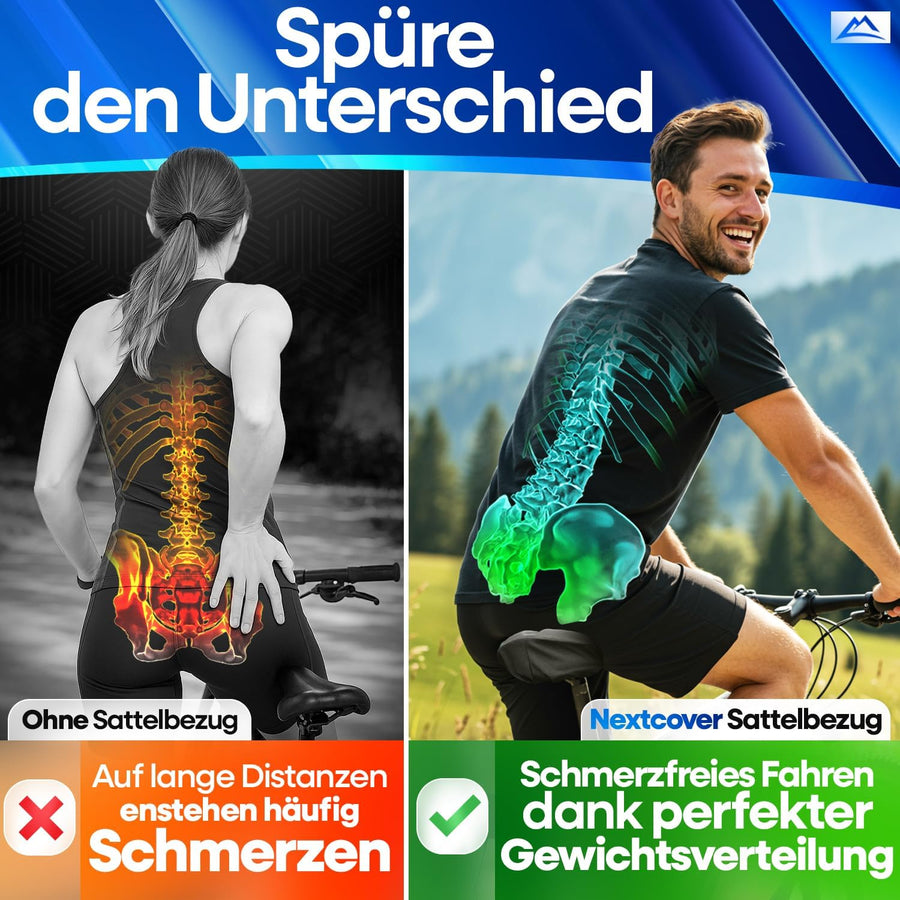 Nextcover CoverPro Sattelbezug im Vergleich – schmerzfreies Radfahren durch optimale Druckverteilung und ergonomischen Sitzkomfort, ideal für lange Strecken.