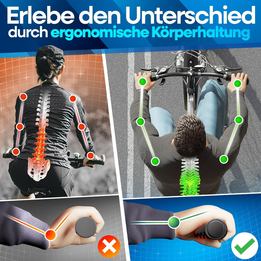 Ergonomische ComfortGrip Fahrradgriffe von Nextcover im Vergleich – bessere Körperhaltung, optimale Handgelenkstellung und reduzierte Belastung für Rücken, Schultern und Arme beim Radfahren.