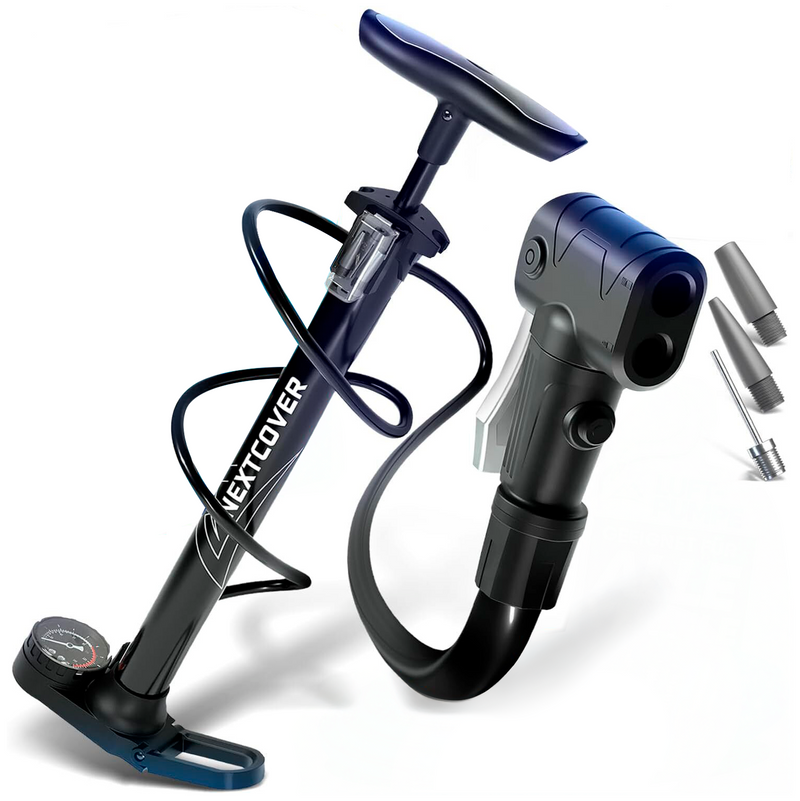 AirOne Fahrradpumpe von Nextcover – leistungsstarke Standpumpe mit Präzisionsmanometer, Dual-Ventilkopf für alle Ventilarten, inklusive Adapter-Set für Bälle und Matratzen, ideal für präzises und schnelles Aufpumpen.
