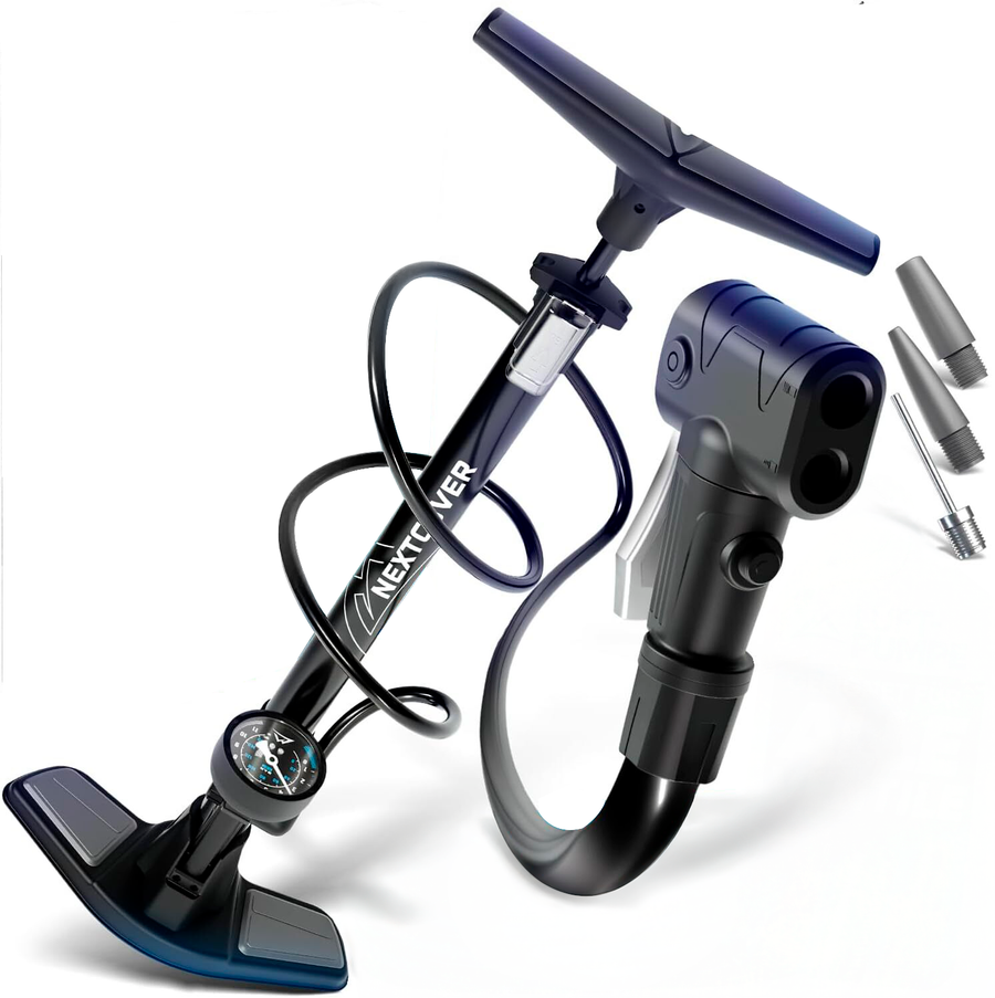 Nextcover AirPro Fahrradpumpe mit extra breitem Standfuß, Manometer, AirRelease-Ventil und vielseitigen Adaptern – leistungsstarke Luftpumpe für alle Ventilarten und hohen Luftdruck bis 12 Bar.