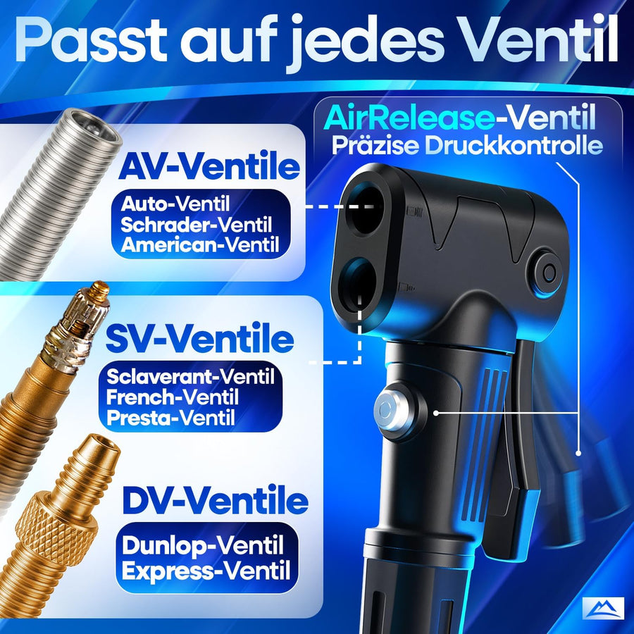 AirPro Fahrradpumpe mit AirRelease-Ventil – kompatibel mit allen Ventilarten wie AV-, SV- und DV-Ventilen, inklusive präziser Druckkontrolle für Schrader-, Presta- und Dunlop-Ventile.