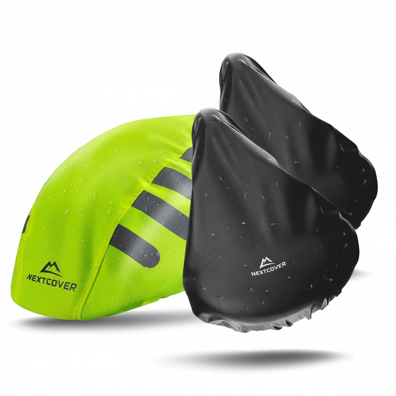 Hauptbild des Regenbezug-Bundles von Nextcover bestehend aus neongelben Fahrradhelmbezug und zwei schwarzen Sattelbezügen.