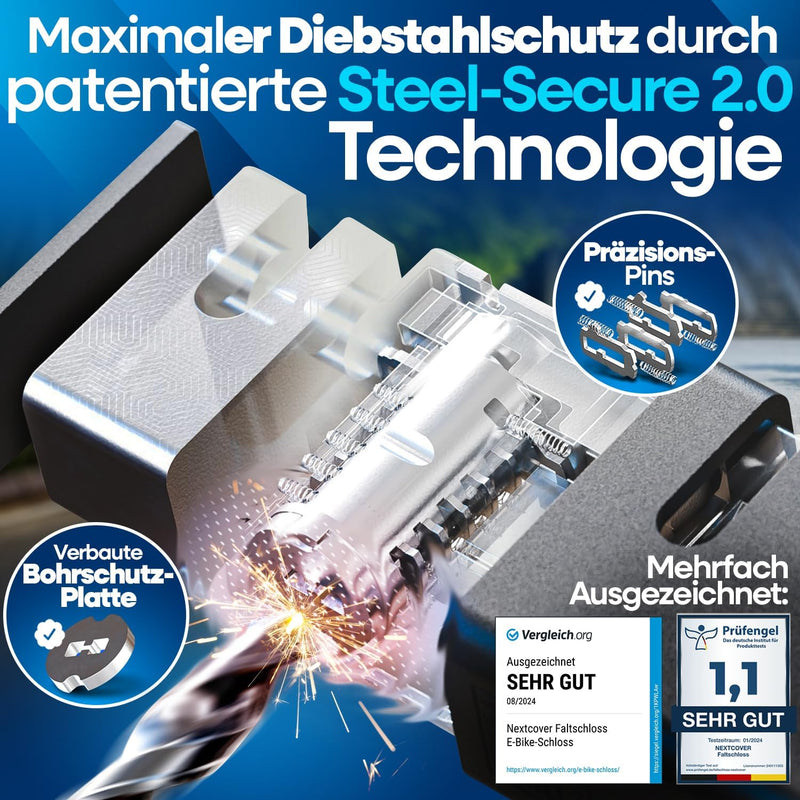 Nahaufnahme des Nextcover FoldOne Faltschlosses mit patentierter Steel-Secure 2.0 Technologie, Bohrschutzplatte und Präzisions-Pins für maximalen Diebstahlschutz – mehrfach ausgezeichnet mit der Note „Sehr Gut“ für E-Bikes und Fahrräder.
