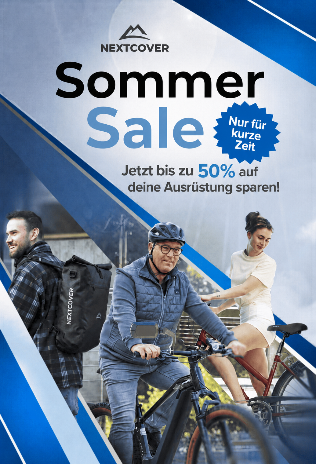 Nextcover Fahrradzubehör im Frühling mit Fahrradrucksack, Handyhalterung und Radfahrern auf City und Trekkingbikes