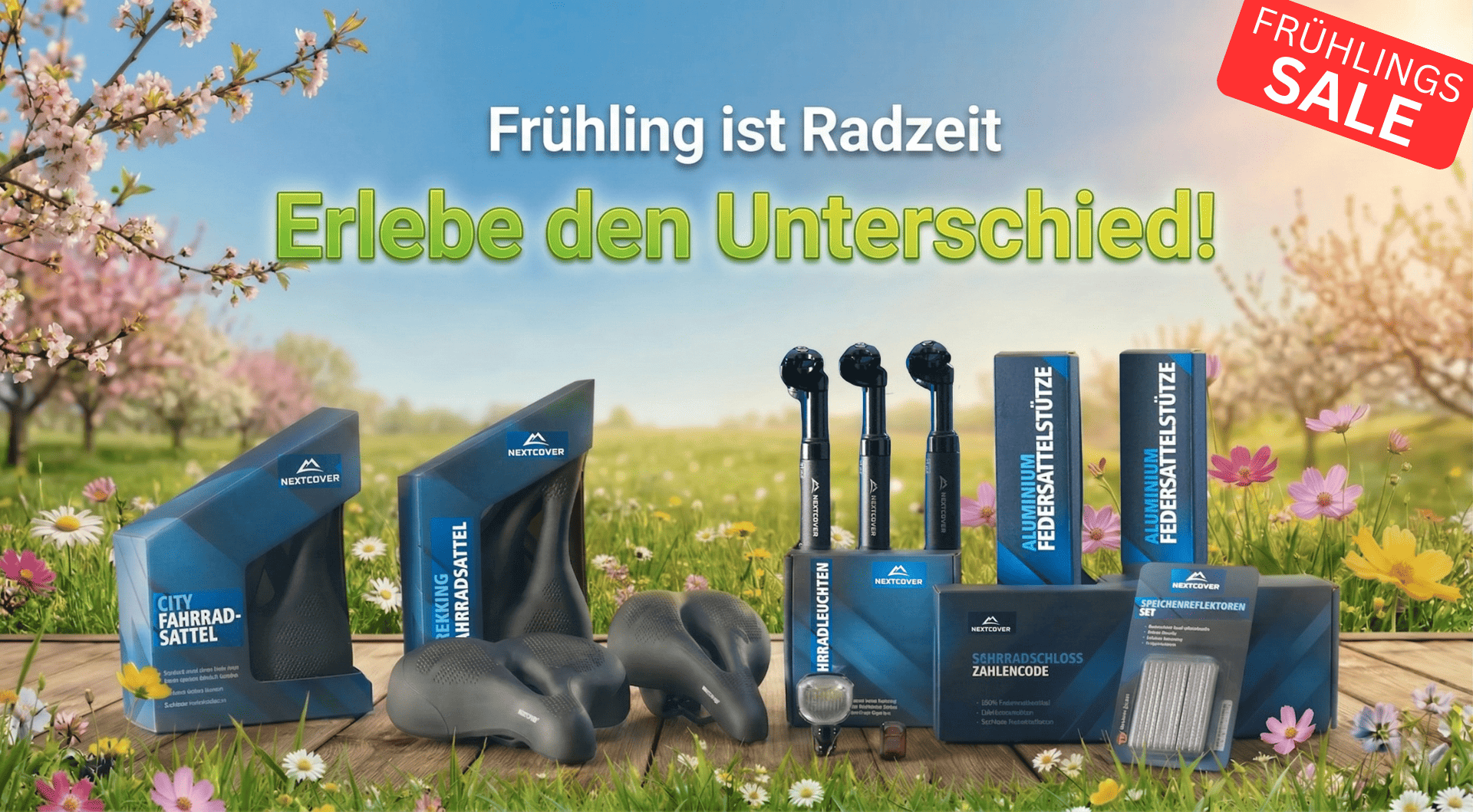 Nextcover Frühlings-Saison. Perfektes Fahrradzubehör für den Winter, darunter Fahrradsättel, Federsattelstützen, Beleuchtung und Schlösser.