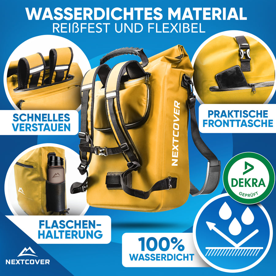100 % wasserdichter Nextcover Rolltop-Rucksack in Gelb, DEKRA-geprüft, reißfest und flexibel, mit praktischer Fronttasche, Flaschenhalterung und schnellem Verstau-System.