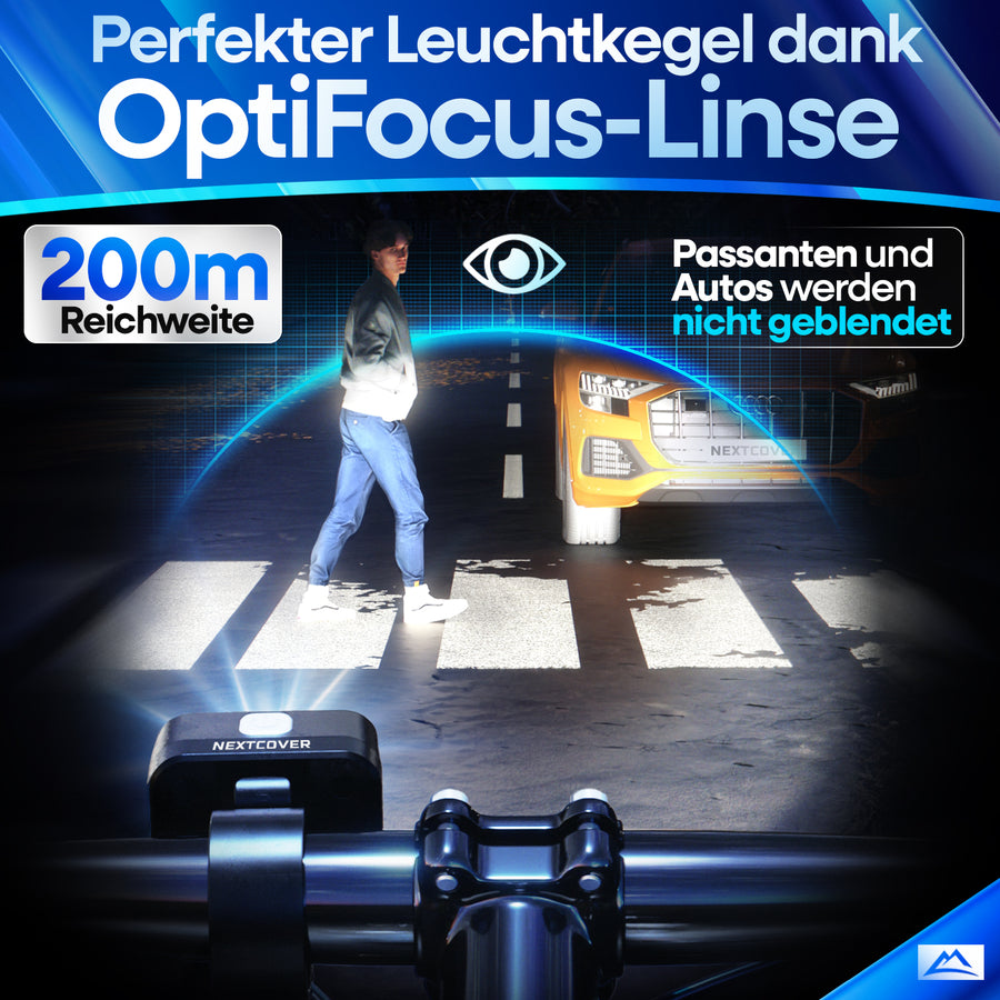 VisionOne Fahrradlicht-Set mit 200 m Reichweite und OptiFocus-Linse für blendfreies Licht – ideal für sicheres Fahren bei Nacht ohne Beeinträchtigung von Passanten und Gegenverkehr.