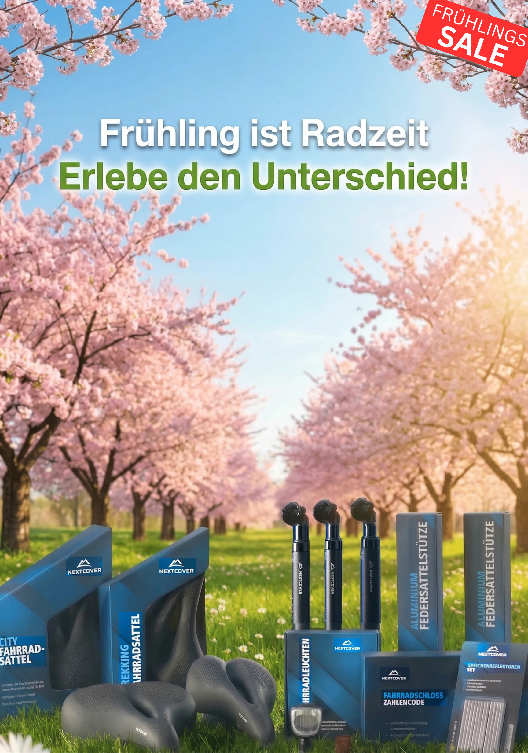 Nextcover Frühlings-Saison. Perfektes Fahrradzubehör für den Winter, darunter Fahrradsättel, Federsattelstützen, Beleuchtung und Schlösser.