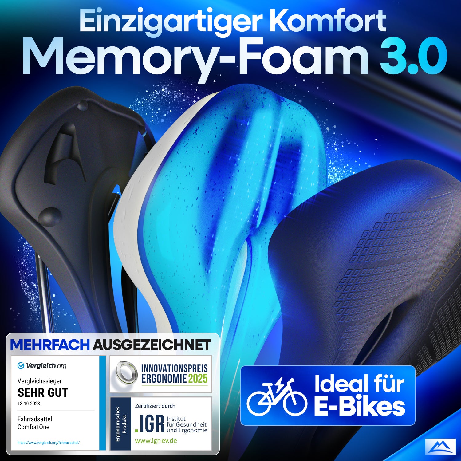 Detailansicht des Nextcover ComfortOne Fahrradsattels mit innovativem Memory-Foam 3.0 für ergonomischen Sitzkomfort, mehrfach ausgezeichnet für Gesundheit und Ergonomie – ideal für Citybikes, E-Bikes und lange Radtouren.