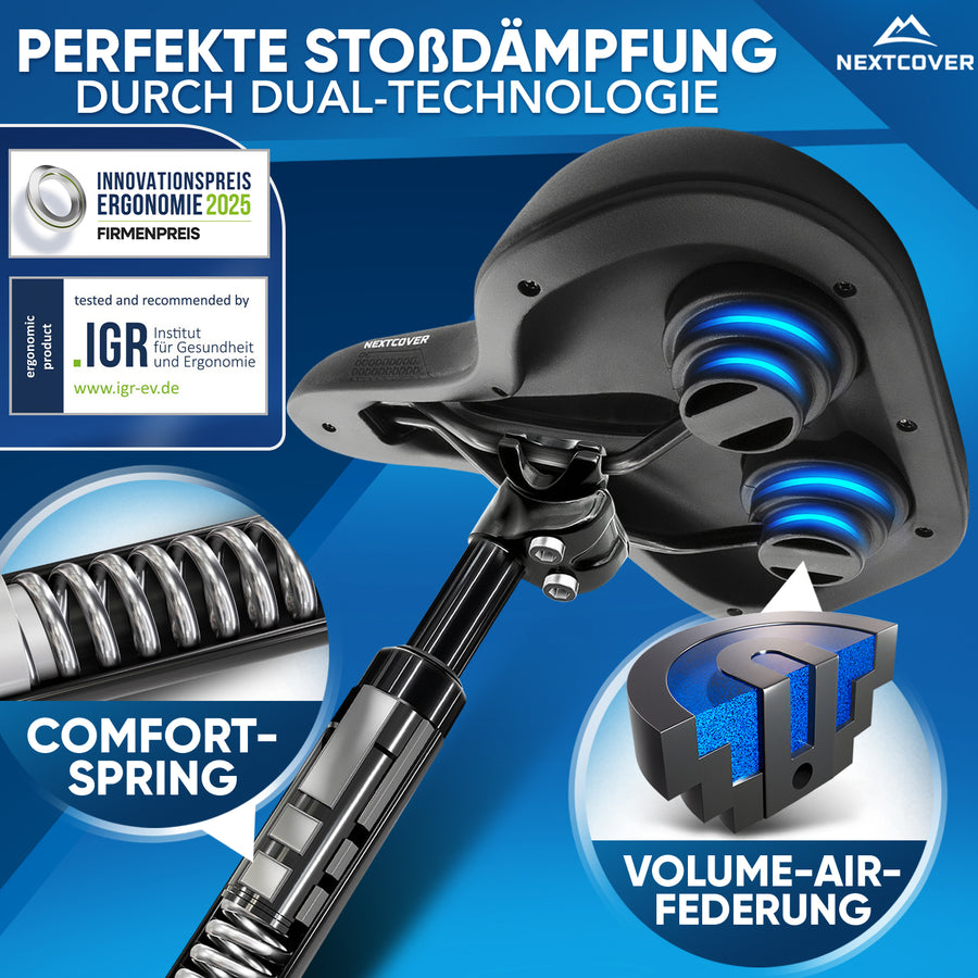 Nextcover Fahrradsattel und Sattelstütze mit Dual-Technologie (Comfort-Spring & Volume-Air-Federung) für perfekte Stoßdämpfung, nominiert für den Innovationspreis Ergonomie 2025 und mehrfach ausgezeichnet durch das IGR