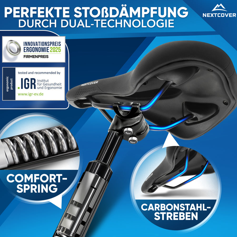 Nextcover Fahrradsattel und Sattelstütze mit Dual-Technologie (Comfort-Spring & Volume-Air-Federung) für perfekte Stoßdämpfung, nominiert für den Innovationspreis Ergonomie 2025 und mehrfach ausgezeichnet durch das IGR