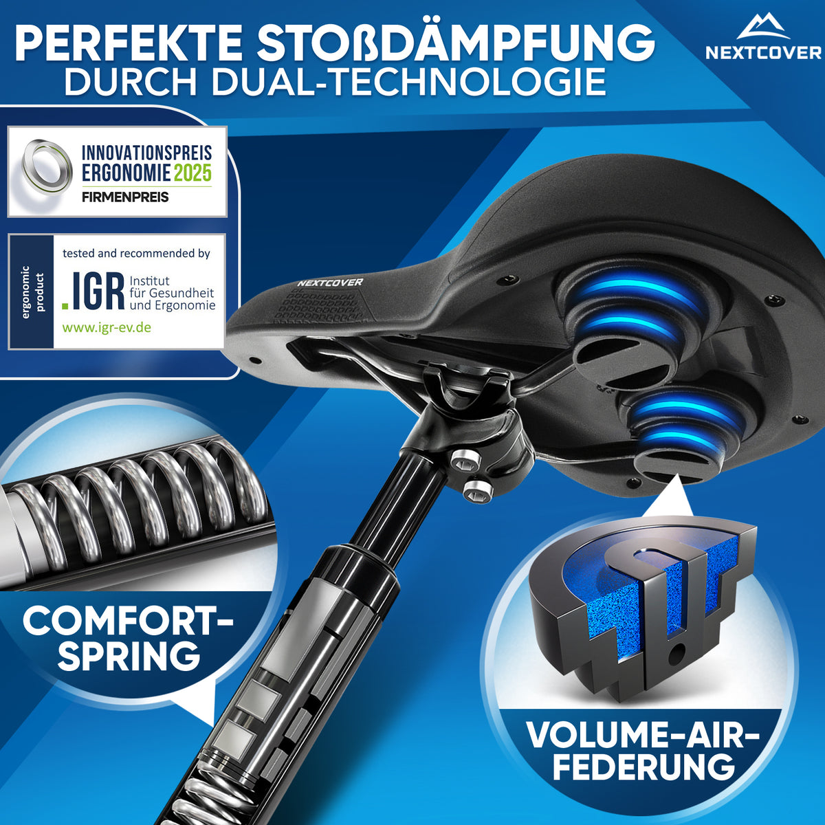 Nextcover Fahrradsattel und Sattelstütze mit Dual-Technologie (Comfort-Spring & Volume-Air-Federung) für perfekte Stoßdämpfung, nominiert für den Innovationspreis Ergonomie 2025 und mehrfach ausgezeichnet durch das IGR
