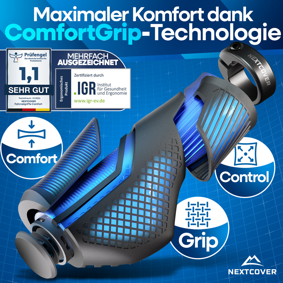 Nextcover ergonomische Fahrradgriffe mit ComfortGrip-Technologie, mehrfach ausgezeichnet (Prüfengel 1,1 „Sehr Gut“) und nominiert für den Innovationspreis Ergonomie 2025, für maximalen Komfort und Grip.