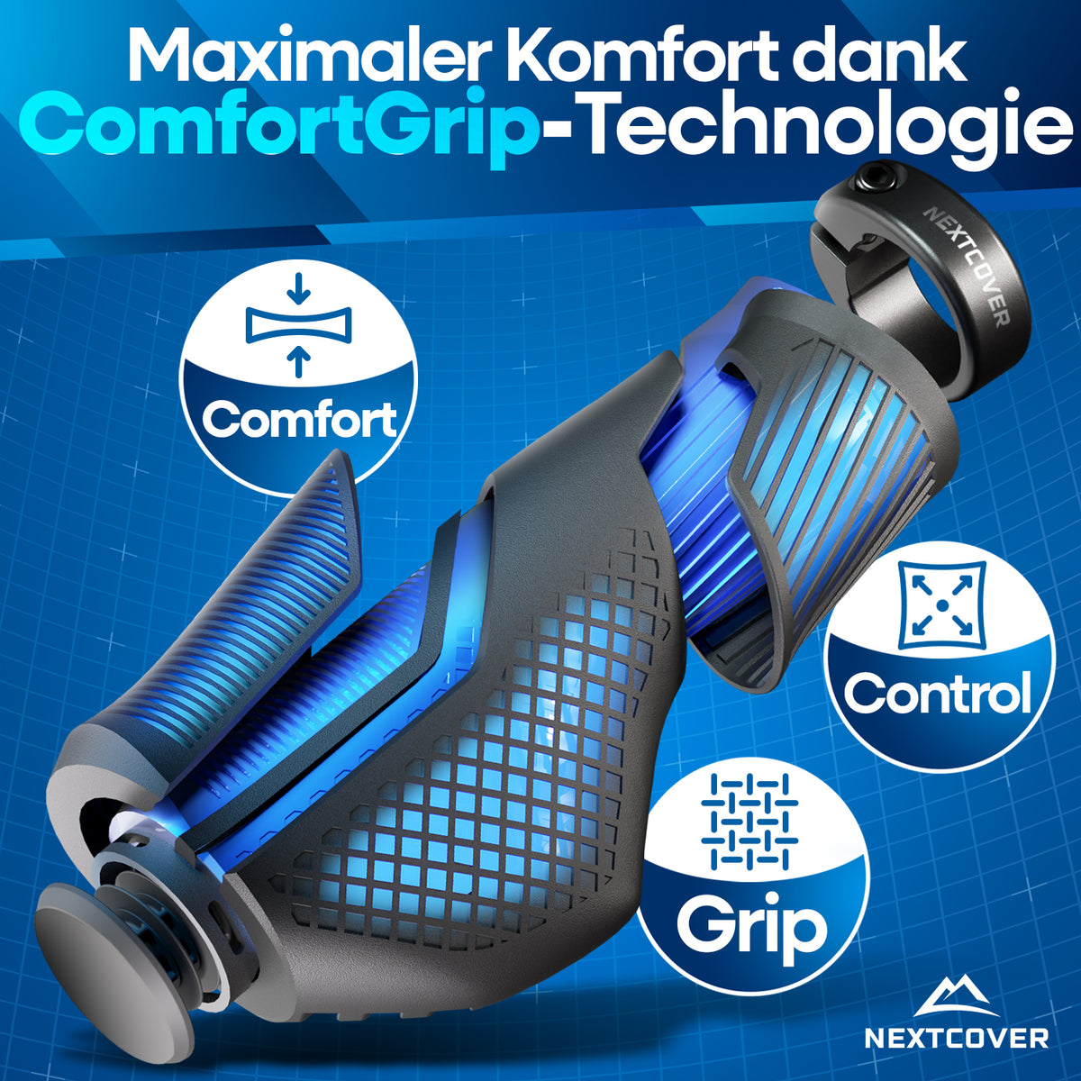 Nextcover ergonomische Fahrradgriffe mit ComfortGrip-Technologie, mehrfach ausgezeichnet (Prüfengel 1,1 „Sehr Gut“) und nominiert für den Innovationspreis Ergonomie 2025, für maximalen Komfort und Grip.