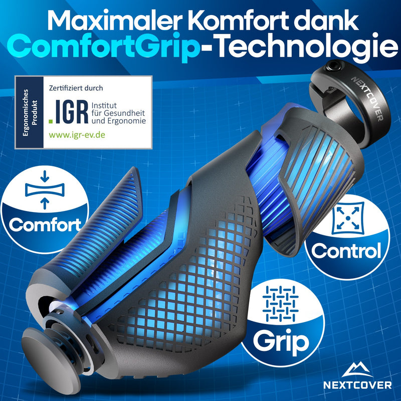 Nextcover ergonomische Fahrradgriffe mit ComfortGrip-Technologie, mehrfach ausgezeichnet (Prüfengel 1,1 „Sehr Gut“) und nominiert für den Innovationspreis Ergonomie 2025, für maximalen Komfort und Grip.
