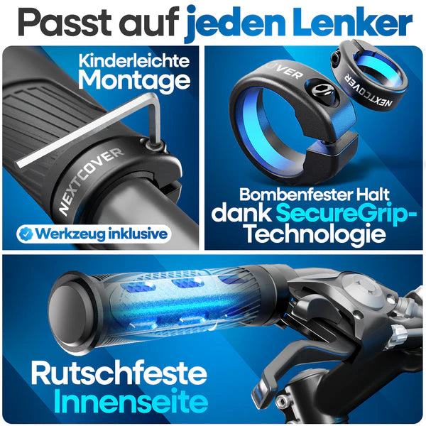 Nextcover ComfortGrip Fahrradgriffe mit rutschfester Innenseite, SecureGrip-Technologie und kinderleichter Montage – passend für alle Lenker, inklusive Werkzeug für schnelle Befestigung.