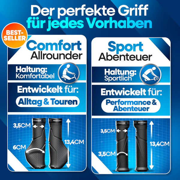 Nextcover ComfortGrip Fahrradgriffe in zwei Varianten: „Comfort Allrounder“ für Alltag & Touren mit ergonomischer Handauflage und „Sport Abenteuer“ für Performance & Abenteuer – beide mit optimaler Passform und 13,4 cm Länge.