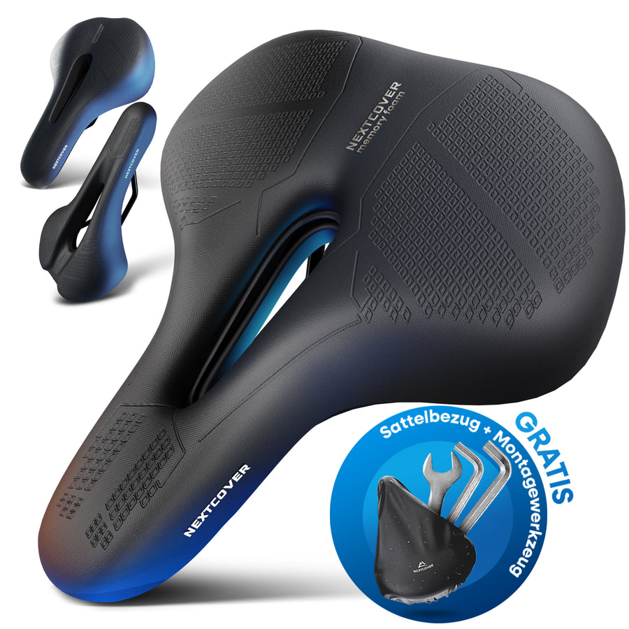 Ergonomischer Nextcover Fahrradsattel ComfortOne aus Memory-Schaum 3.0 in Schwarz und drei verschiedenen Größen (MTB, City, Trekking), inklusive gratis Sattelbezug und Montagewerkzeug für optimalen Fahrkomfort.