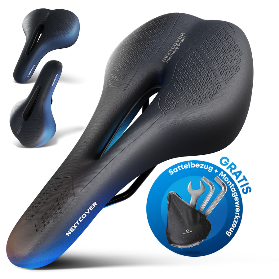 Ergonomischer Nextcover Fahrradsattel ComfortOne aus Memory-Schaum 3.0 in Schwarz und drei verschiedenen Größen (MTB, City, Trekking), inklusive gratis Sattelbezug und Montagewerkzeug für optimalen Fahrkomfort.