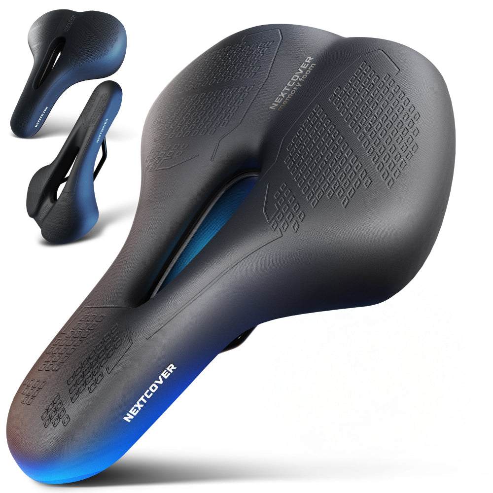 Ergonomischer Nextcover Fahrradsattel ComfortOne aus Memory-Schaum 3.0 in Schwarz und drei verschiedenen Größen (MTB, City, Trekking), inklusive gratis Sattelbezug und Montagewerkzeug für optimalen Fahrkomfort.