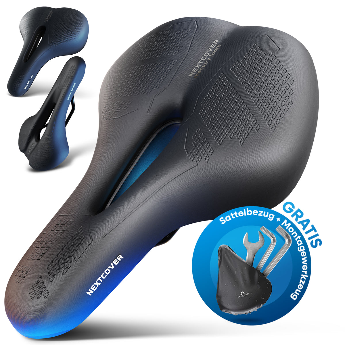 Ergonomischer Nextcover Fahrradsattel ComfortOne aus Memory-Schaum 3.0 in Schwarz und drei verschiedenen Größen (MTB, City, Trekking), inklusive gratis Sattelbezug und Montagewerkzeug für optimalen Fahrkomfort.