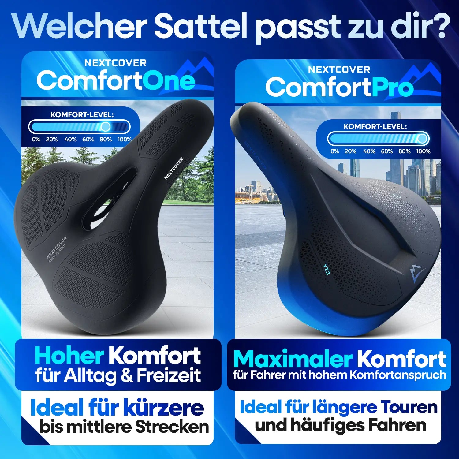Nextcover Fahrradsattel Vergleich ComfortOne und ComfortPro mit Komfort Level Anzeige für Trekking und Alltag