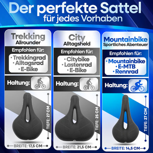 Größenguide für Nextcover ComfortOne Sattel – Übersicht der idealen Sattelmodelle für City-, Trekking- und Mountainbike-Einsätze mit optimaler Passform für verschiedene Fahrhaltungen und Terrains.