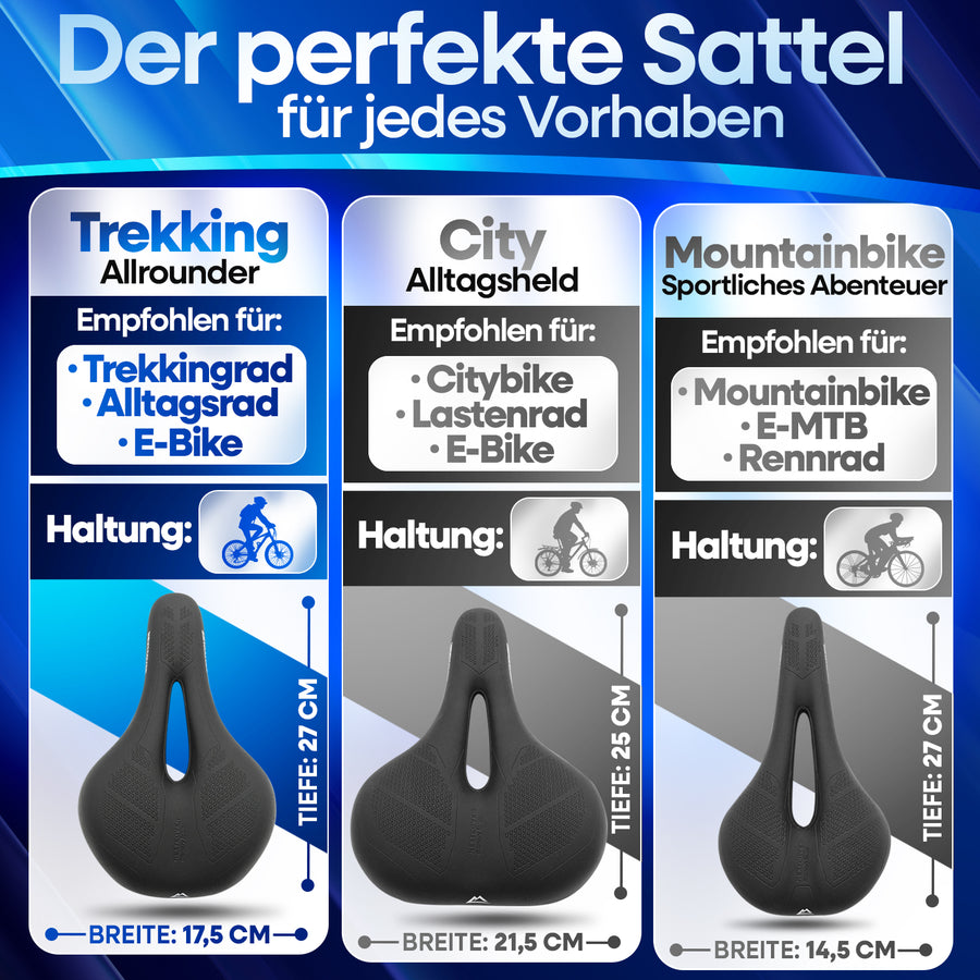 Größenguide für Nextcover ComfortOne Sattel – Übersicht der idealen Sattelmodelle für City-, Trekking- und Mountainbike-Einsätze mit optimaler Passform für verschiedene Fahrhaltungen und Terrains.
