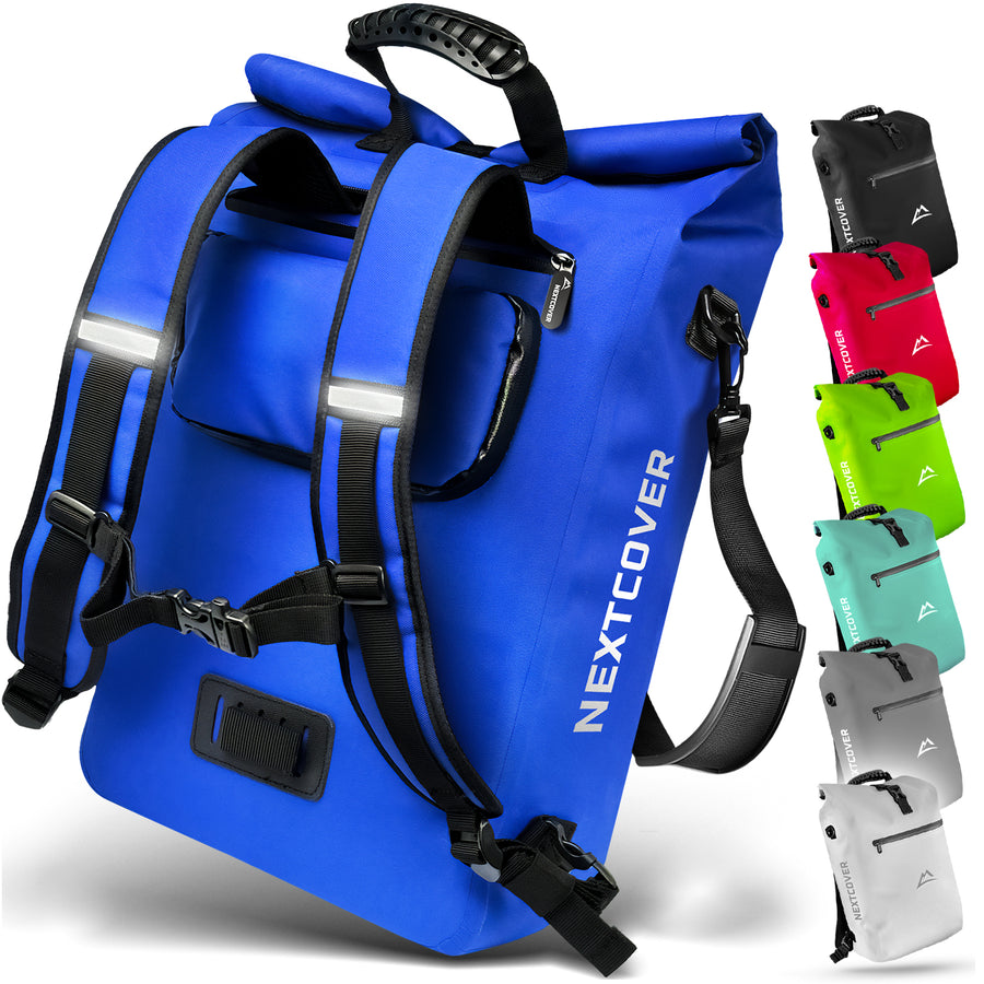 Wasserdichte 3-in-1 TPU Fahrradtasche in blau von Nextcover mit Rucksackfunktion, Tragegriff und vielseitiger Befestigung – in 7 Farben erhältlich, ideal für Pendler, Touren und Outdoor-Abenteuer.