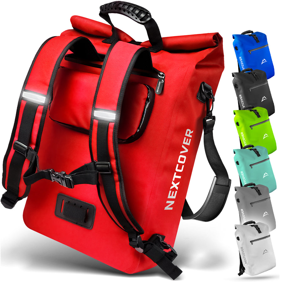 Wasserdichte 3-in-1 TPU Fahrradtasche in rot von Nextcover mit Rucksackfunktion, Tragegriff und vielseitiger Befestigung – in 7 Farben erhältlich, ideal für Pendler, Touren und Outdoor-Abenteuer.