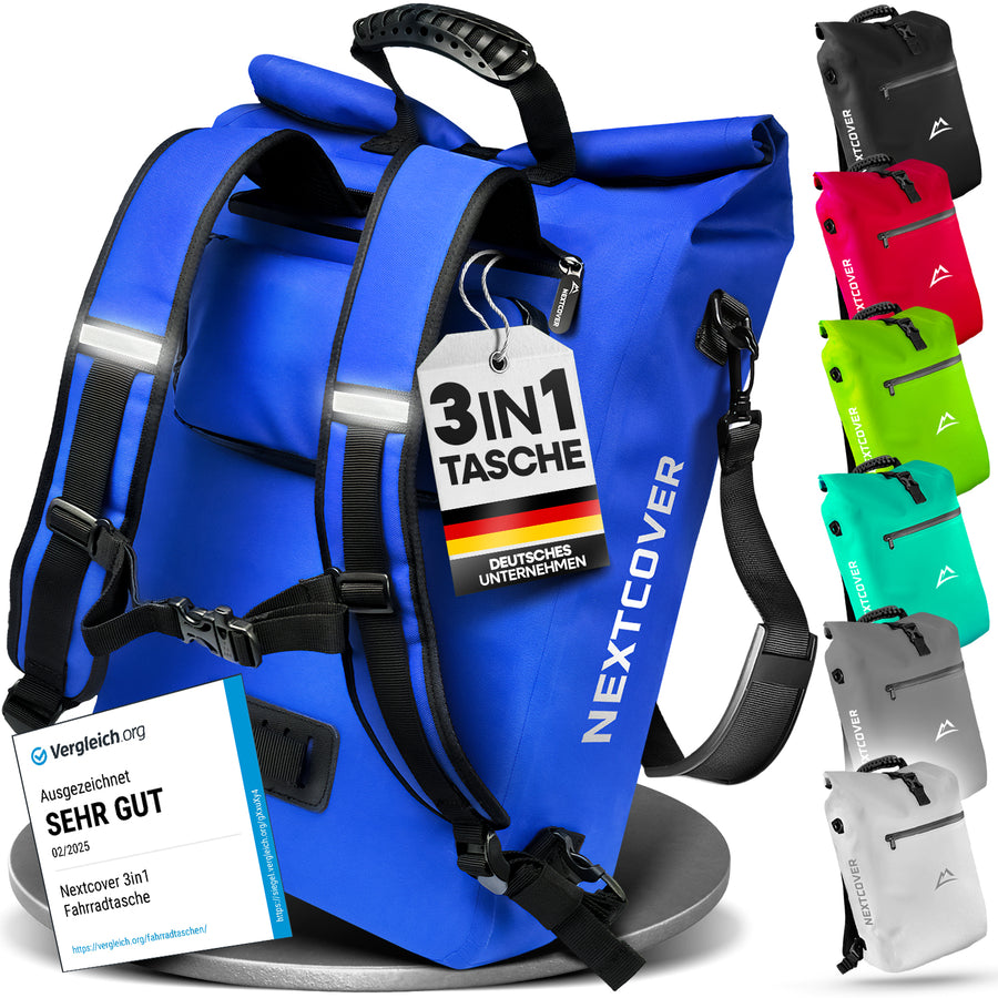 Wasserdichte 3-in-1 TPU Fahrradtasche von Nextcover mit Rucksackfunktion, Tragegriff und vielseitiger Befestigung – in 7 Farben erhältlich, ideal für Pendler, Touren und Outdoor-Abenteuer.
