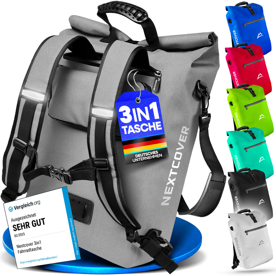 Wasserdichte 3-in-1 TPU Fahrradtasche von Nextcover mit Rucksackfunktion, Tragegriff und vielseitiger Befestigung – in 7 Farben erhältlich, ideal für Pendler, Touren und Outdoor-Abenteuer.