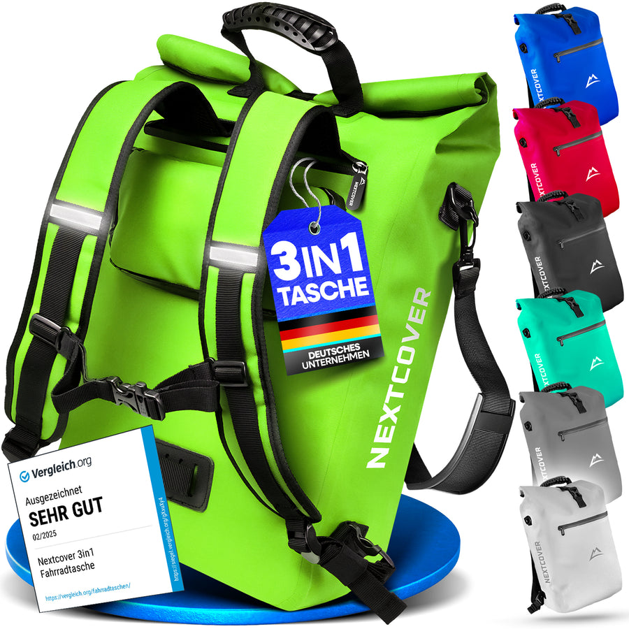 Wasserdichte 3-in-1 TPU Fahrradtasche von Nextcover mit Rucksackfunktion, Tragegriff und vielseitiger Befestigung – in 7 Farben erhältlich, ideal für Pendler, Touren und Outdoor-Abenteuer.